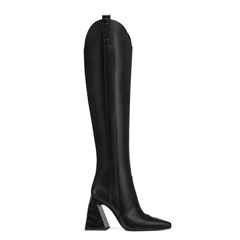 Slouchy Pointed Toe Sculptural Block Heel Knee High Boots - Black