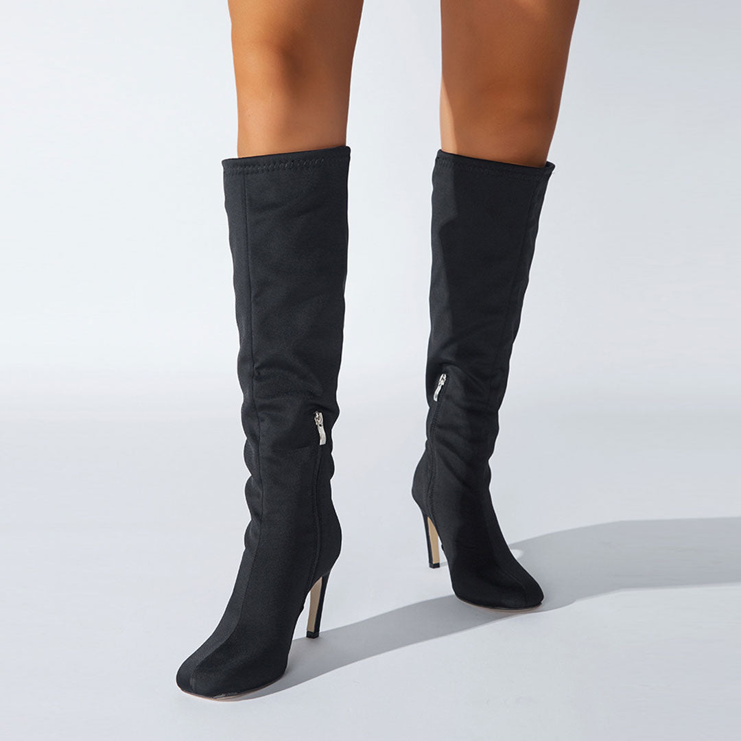 Slouchy Square Toe Side Zipper Stiletto Heel Knee High Boots - Black