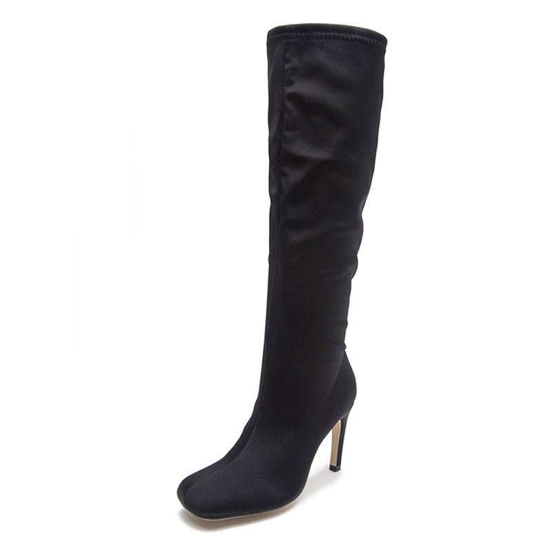 Slouchy Square Toe Side Zipper Stiletto Heel Knee High Boots - Black