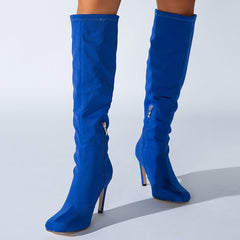 Slouchy Square Toe Side Zipper Stiletto Heel Knee High Boots - Royal Blue