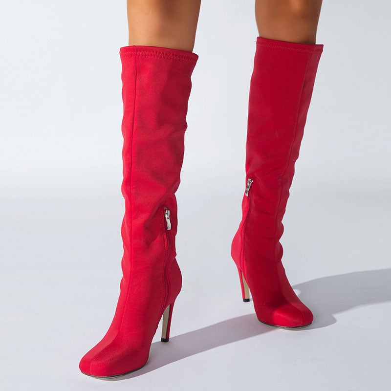 Slouchy Square Toe Side Zipper Stiletto Heel Knee High Boots - Red