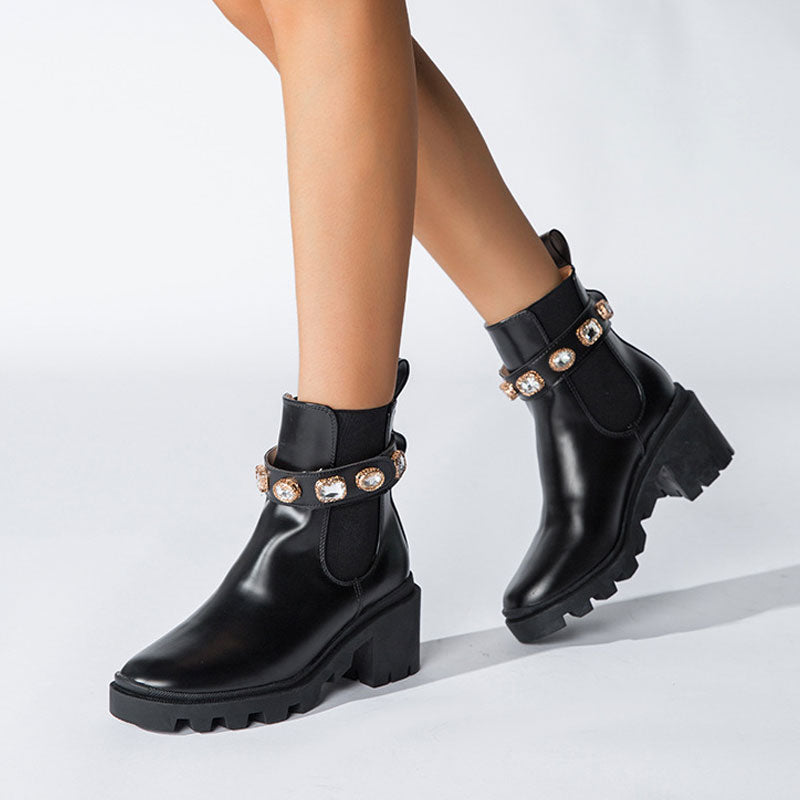 Crystal Trim Lug Sole Round Toe Chunky Heel Ankle Boots - Black