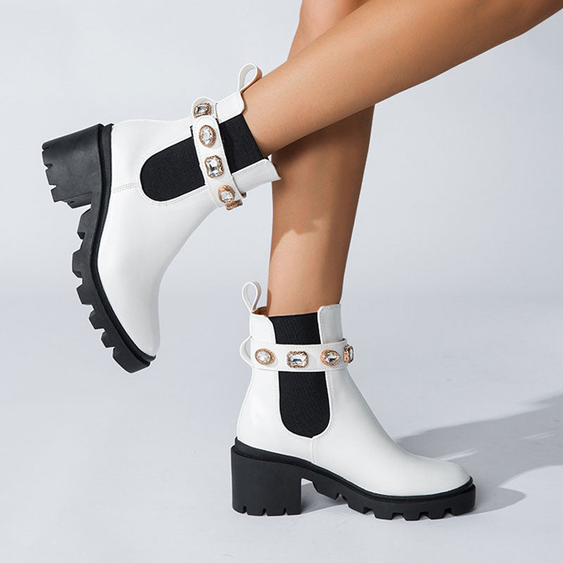 Crystal Trim Lug Sole Round Toe Chunky Heel Ankle Boots - White