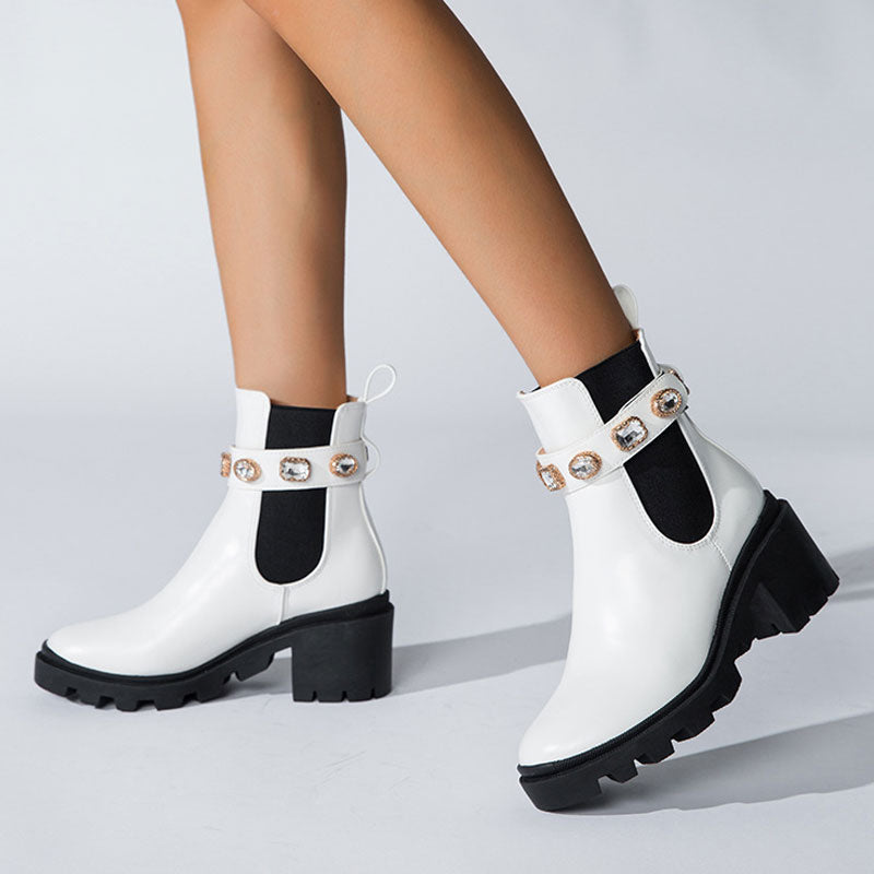 Crystal Trim Lug Sole Round Toe Chunky Heel Ankle Boots - White