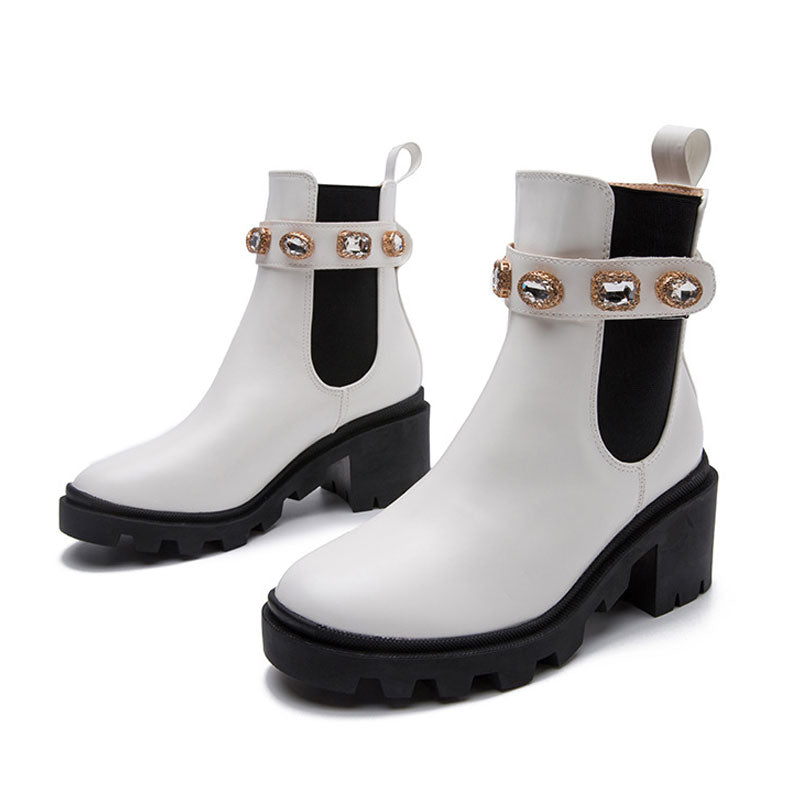 Crystal Trim Lug Sole Round Toe Chunky Heel Ankle Boots - White