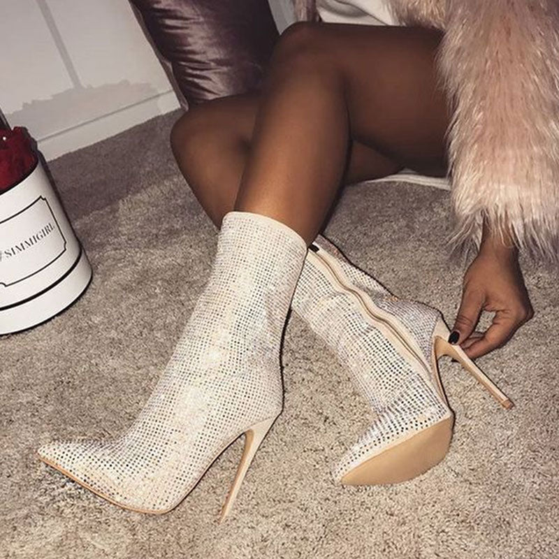 Rhinestone Pointed Toe High Heeled Suede Ankle Boots - Beige