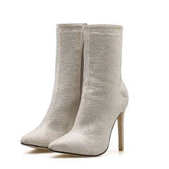 Rhinestone Pointed Toe High Heeled Suede Ankle Boots - Beige