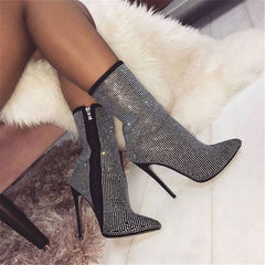 Rhinestone Pointed Toe High Heeled Suede Ankle Boots - Black