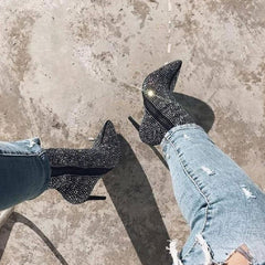 Rhinestone Pointed Toe High Heeled Suede Ankle Boots - Black