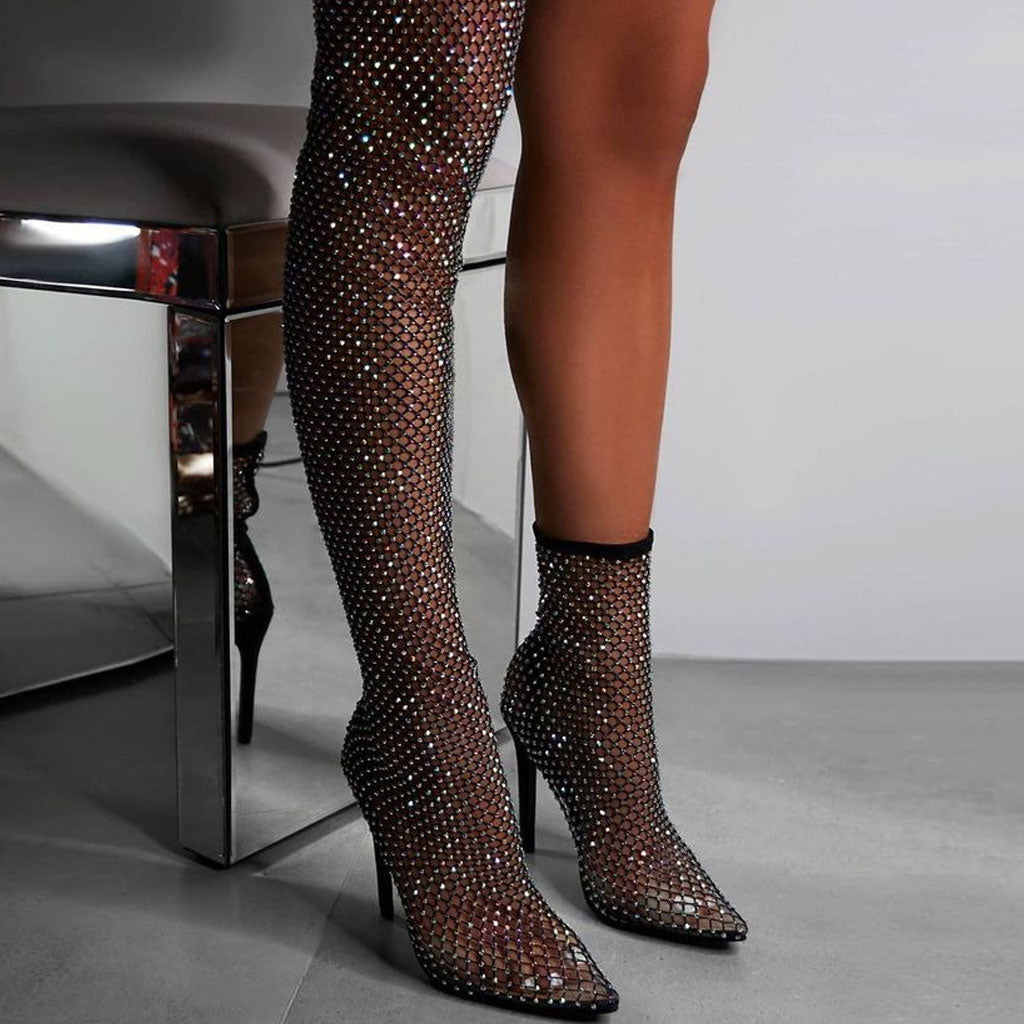 Rhinestone Pointed Toe Naked Mesh Ankle Boots - Black