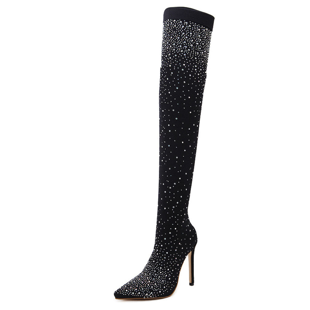 Rhinestone Pointed Toe Stiletto Heel Thigh High Boots - Black