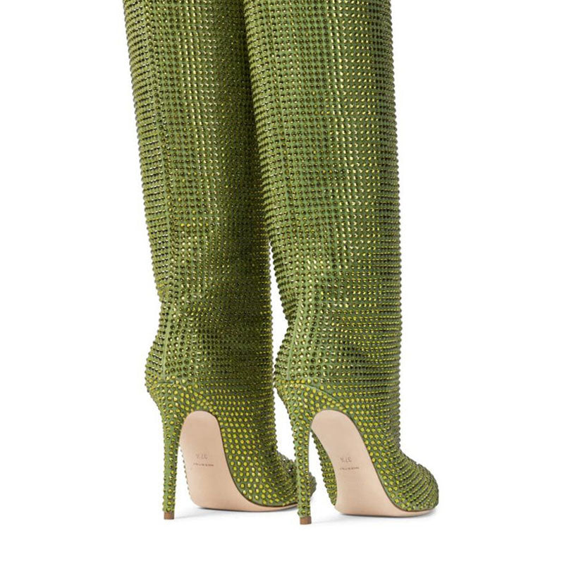 Rhinestone Pointed Toe Stiletto Heel Thigh High Boots - Green