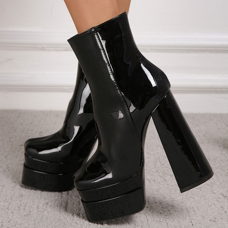 Patent Leather Chunky High Heel Platform Ankle Boots - Black