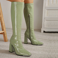 Square Toe Patent Leather Block Heel Knee High Boots - Olive Green