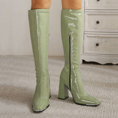 Square Toe Patent Leather Block Heel Knee High Boots - Olive Green