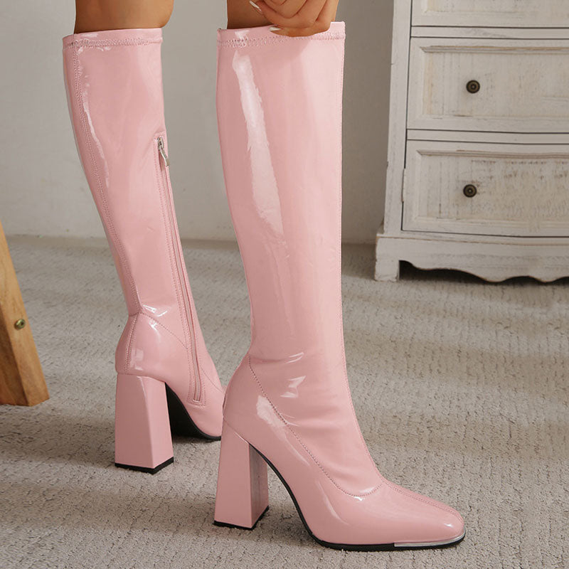 Square Toe Patent Leather Block Heel Knee High Boots - Pink