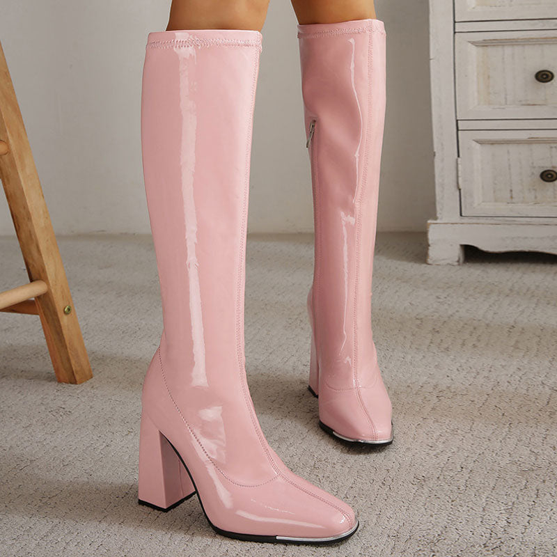 Square Toe Patent Leather Block Heel Knee High Boots - Pink