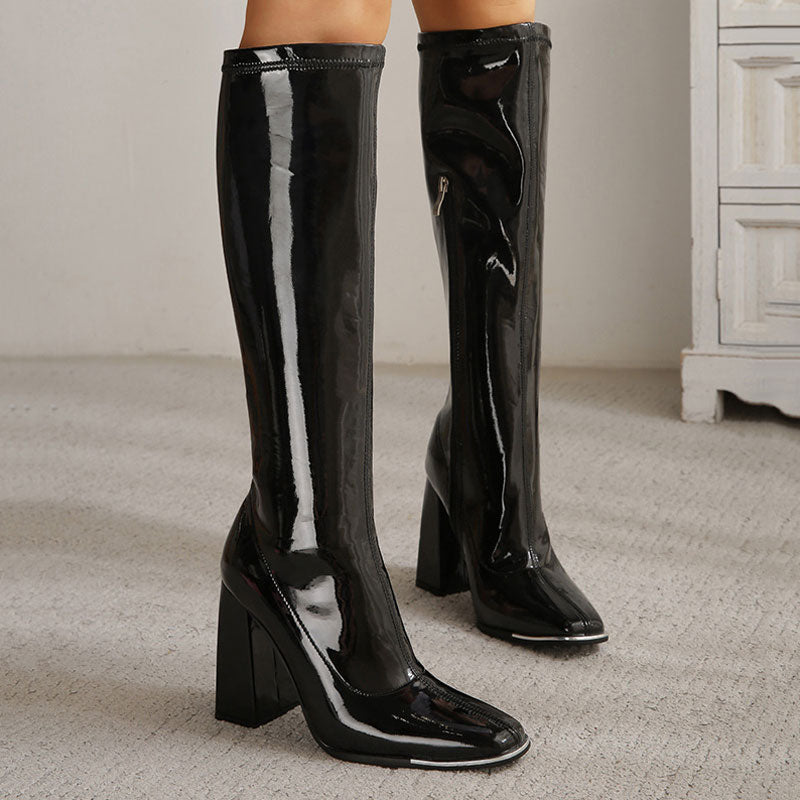 Square Toe Patent Leather Block Heel Knee High Boots - Black