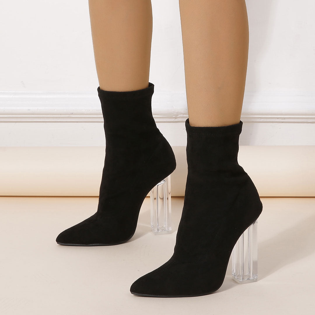 Pointed Toe Clear Block High Heel Suede Sock Ankle Boots - Black