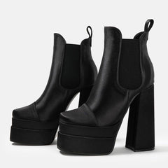 Square Toe Chunky High Heel Platform Ankle Boots - Black