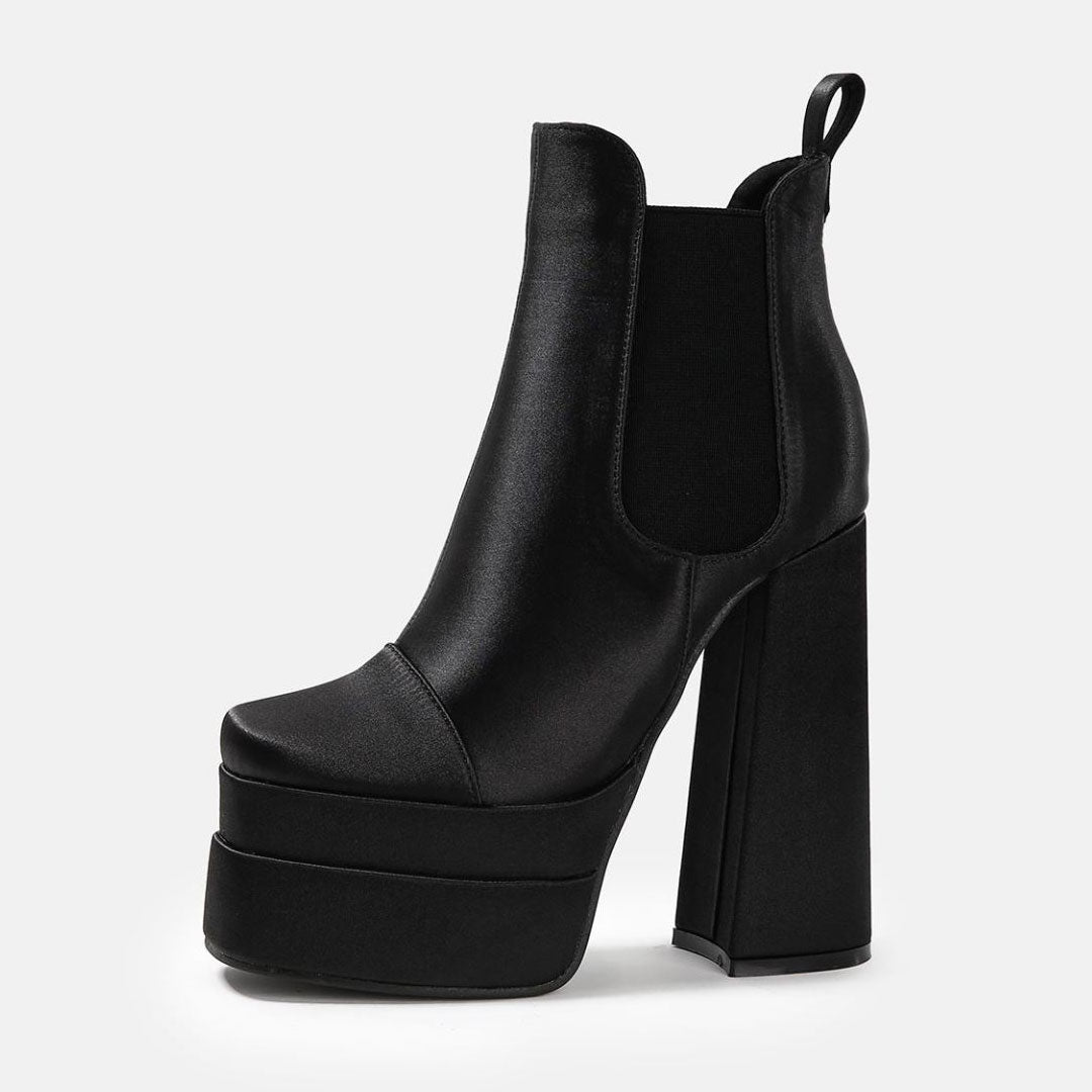 Square Toe Chunky High Heel Platform Ankle Boots - Black