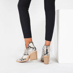 Pointed Toe Notch Chunky Heel Ankle Boots - Snake