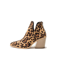 Pointed Toe Notch Trim Chunky Heel Suede Ankle Boots - Leopard